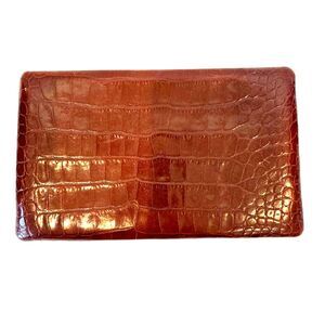 Vintage Abas Avatar Crocodile Embossed Leather Frame Clutch Wallet Gold Trim